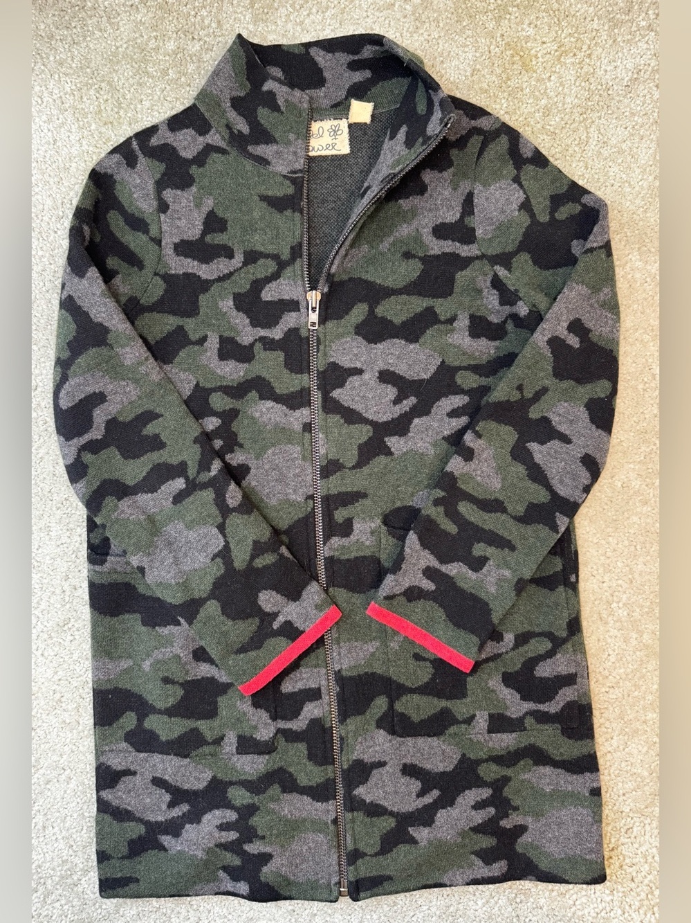Anthropologie Field and Flower Wool Camo Zip-Up Cardigan with Pink Trim